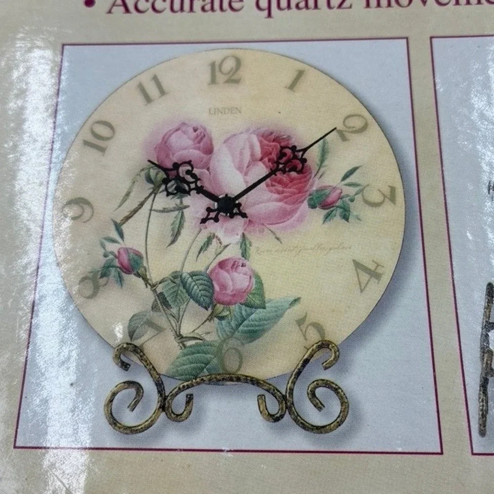 NEW Linden Roses Decorative Plate Clock Vintage Floral Quartz Table Wall Stand
